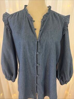 LC Lauren Conrad Blue Denim Button-Front Ruffle Blouse